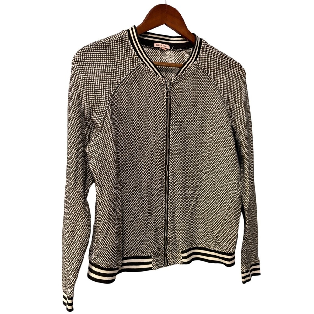 Juicy Couture Womens XL Black White Honeycomb Knit Zip Up Bomber Jacket Cardigan